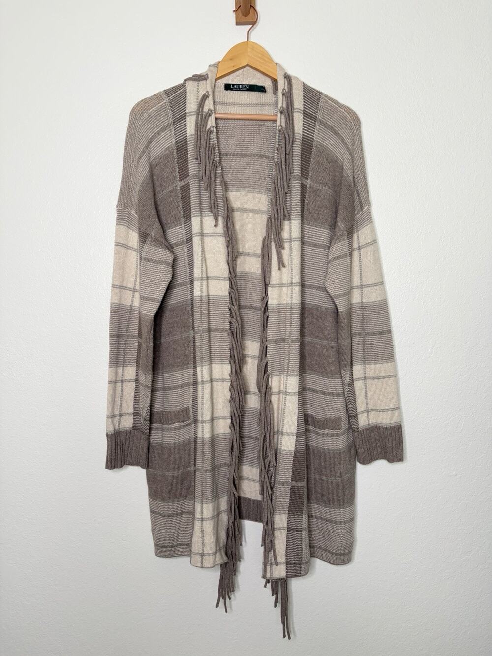 Lauren Ralph Lauren Plaid Fringe Open Front Cardigan Size Large Western Chic
